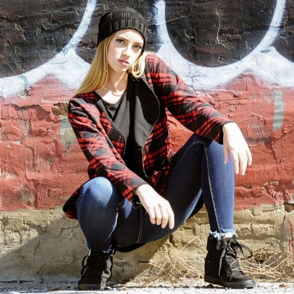 Red and Black Plaid Open Front Longline Coat - Picture 3 of 8